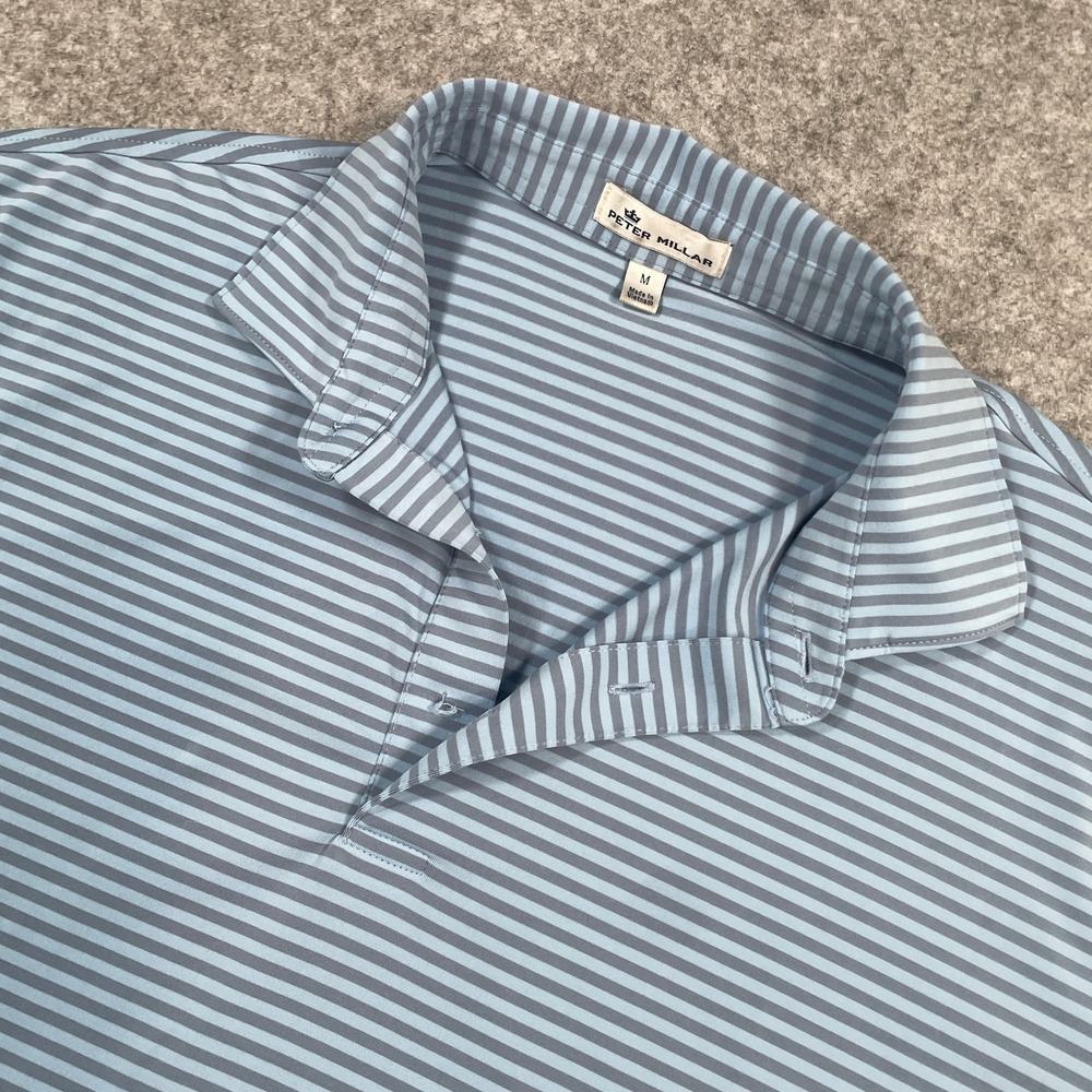 Peter Millar Mens Polo Shirt M Blue Striped Short Sleeve Stretch Performance